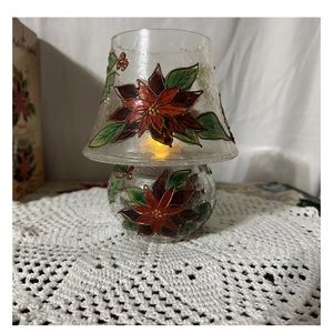 Celebration, Hand-Painted Crackle Glass Christmas
Tealight Lamp 10" Poinsettia